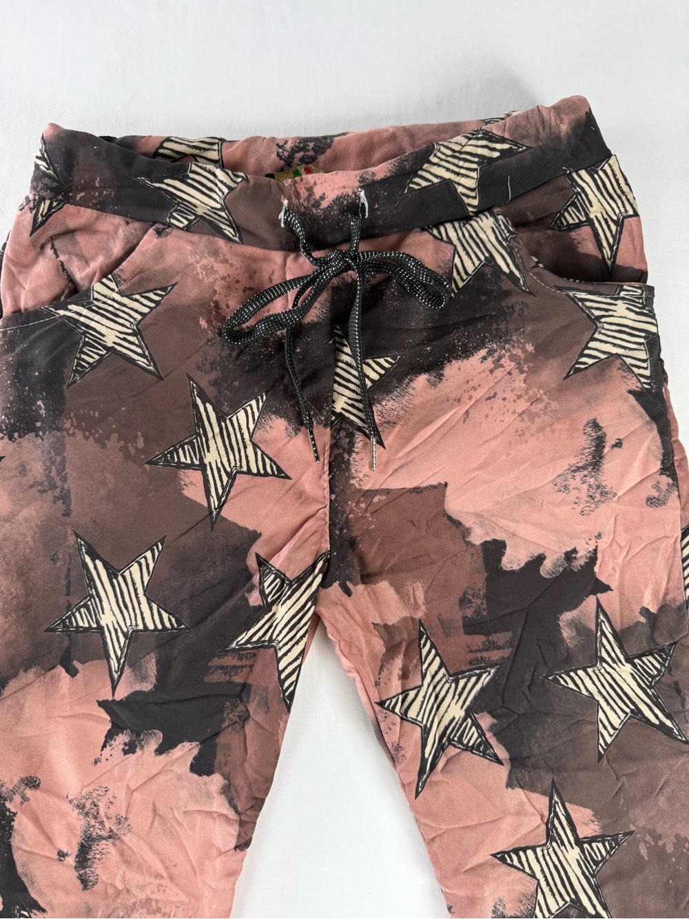 Fun Flirty Activewear Star Print Drawstring Pant - Pink/Black